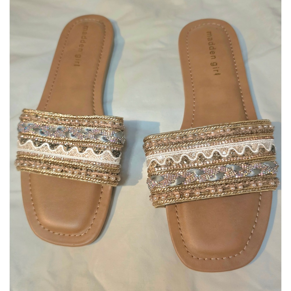 Madden Girl Tropical Embellished Slide Sandals Gold Tan Boho Beaded Flat Size 9